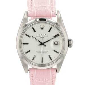 Rolex Oyster Perpetual Date 1500 Steel White Index Pink Leather 34mm Watch